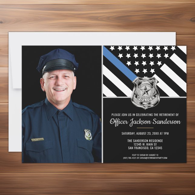 Police Thin Blue Line Flag Foto Rentirement Einladung (The perfect customizable photo retirement party invitation for a retiring police officer.)