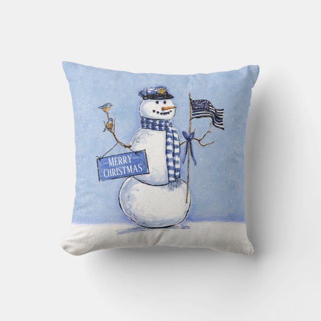 Police Thin Blue Line Flag Frohe Weihnachtsschneem Kissen (Vorderseite)