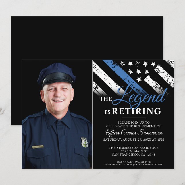 Police Thin Blue Line Flag Retirement Foto Einladung (Vorne/Hinten)