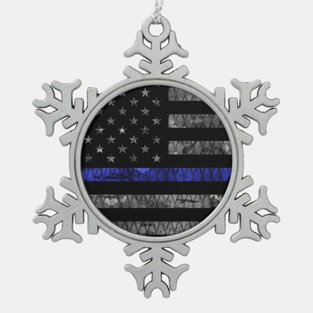 Police Thin Blue Line Flag Schneeflocken Zinn-Ornament (Vorderseite)