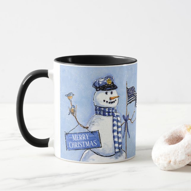 Police Thin Blue Line Snowman Weihnachten Tasse (Mit Donut)