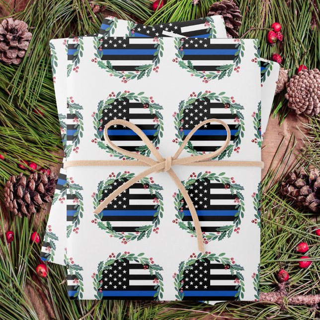 Police Thin Blue Line Wreath Frohe Weihnachten Geschenkpapier Set (Von Creator hochgeladen)
