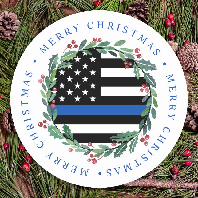 Police Thin Blue Line Wreath Frohe Weihnachten Runder Aufkleber (Von Creator hochgeladen)