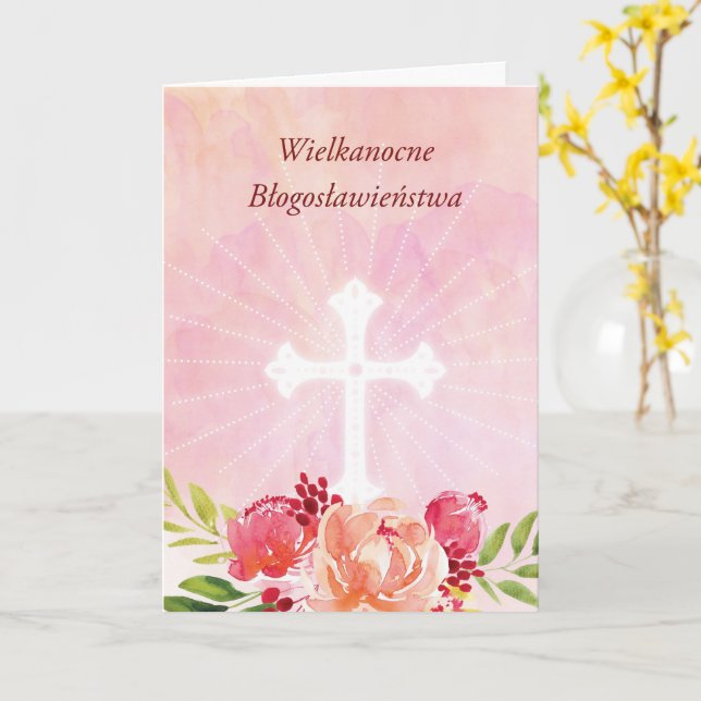 Polish Language Easter Blessings Pink Floral Cross Karte (Gelbe Blume)