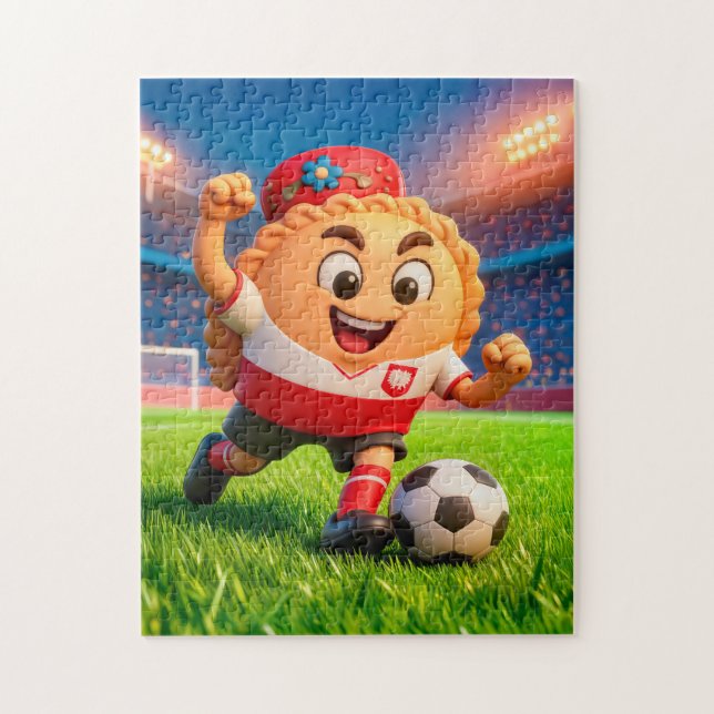 Polish pierogi soccer player on bright stadium fie (Vertikal)