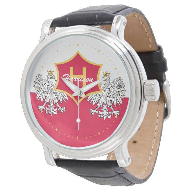 Polish White Eagle Crest Monogrammed Armbanduhr (Schrägansicht)
