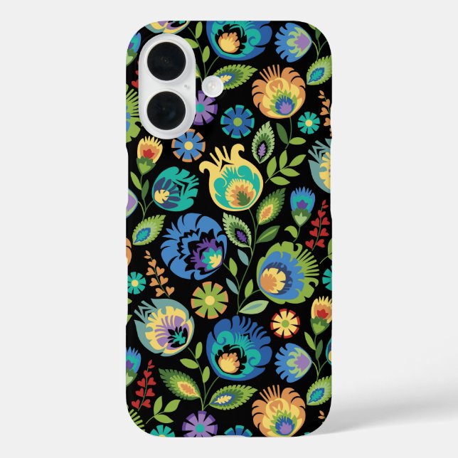 Polish Wycinanki Floral on Black iPhone 16 Hülle (Rückseite)