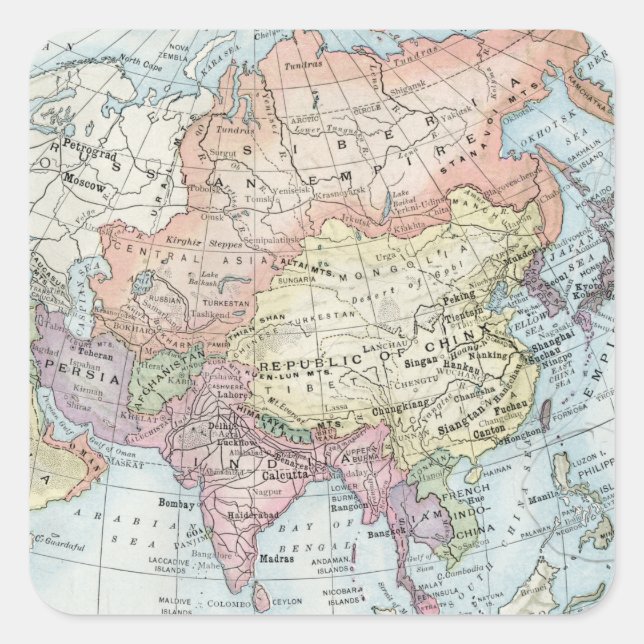 Politische Karte Asiens (1916) Quadratischer Aufkleber (Vorderseite)