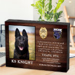 Polizei K9 Renten- und Strafverfolgungsausweis Holzkisten Schild<br><div class="desc">Ehre deinen besten Partner und Polizeihund für seine engagierten Dienstjahre mit dieser Auszeichnung für das Foto des Gütesiegels für das Gütesiegel für die Güte der Thin Blue Line-Polizei. Personalisieren Sie mit dem Foto, dem Namen, der persönlichen Nachricht, den Dienstdaten und den Dienstjahren Ihres Polizeibeamten K9. Auch personalisieren Sie mit Abzeichen,...</div>