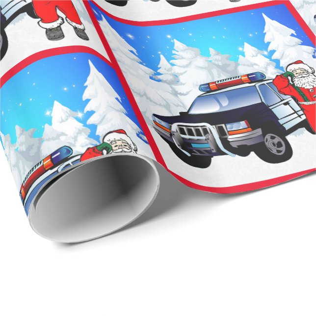 Polizei Santa Police Car Winter Szene Weihnachten Geschenkpapier (Rolleneckpunkt)