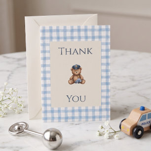 Polizei-Teddybär-Gingham-Baby-Party Dankeskarte