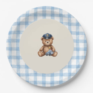 Polizei-Teddybär-Gingham-Baby-Shower-Teller Pappteller
