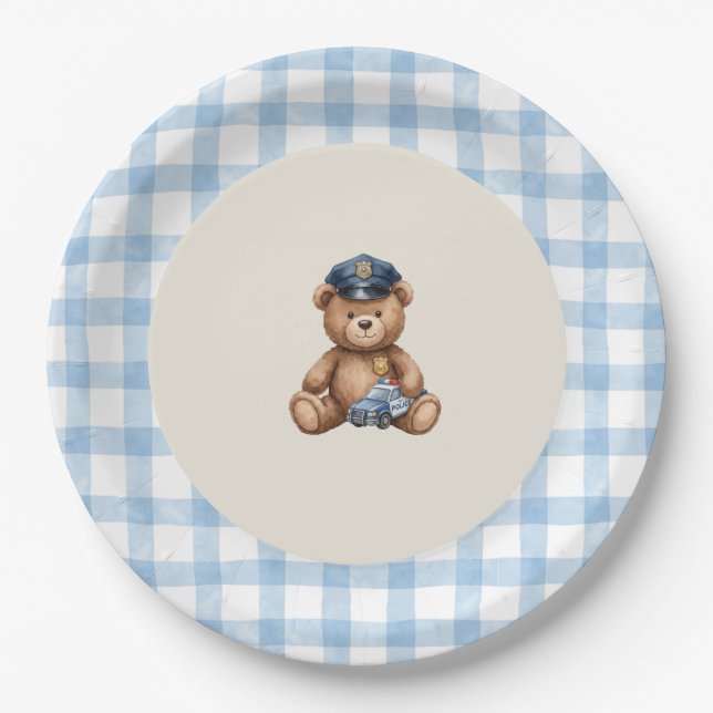 Polizei-Teddybär-Gingham-Baby-Shower-Teller Pappteller (Vorderseite)
