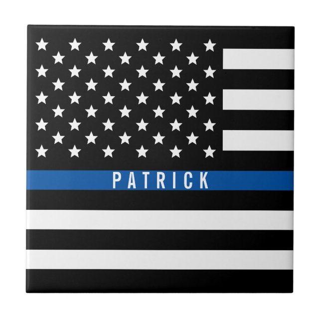 Polizei verdünnt blaue Linie Flagge-Monogramm Fliese (Vorderseite)