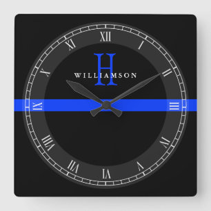 Polizei verdünnt Blue Line-Gewohnheits-Monogramm Quadratische Wanduhr