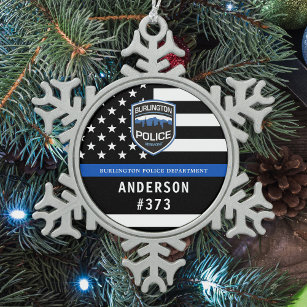 Polizeiabteilung Logo für Blaue Strafverfolgung Schneeflocken Zinn-Ornament