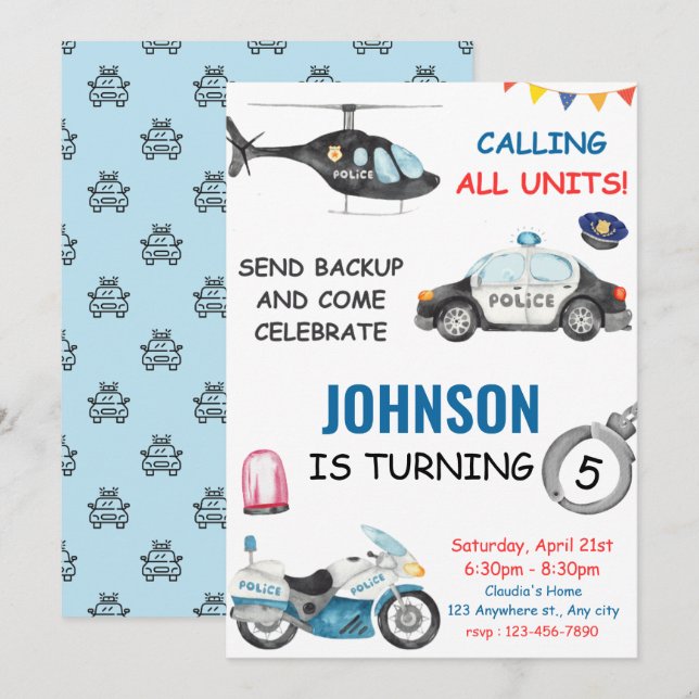 Polizeibeamte Polizist Geburtstagspartei Einladung (Vorne/Hinten)