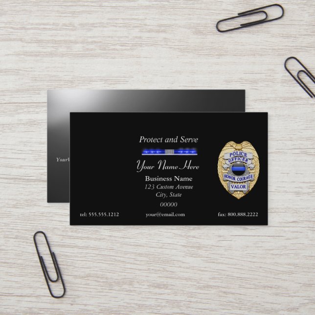 Polizeiliches Abzeichen mit dünner blauer Linie un Visitenkarte (Vorderseite/Rückseite Beispiel)