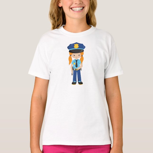 Polizeimädchen, Polizeibeamter, Polizist, Orangenh T-Shirt (Vorderseite)