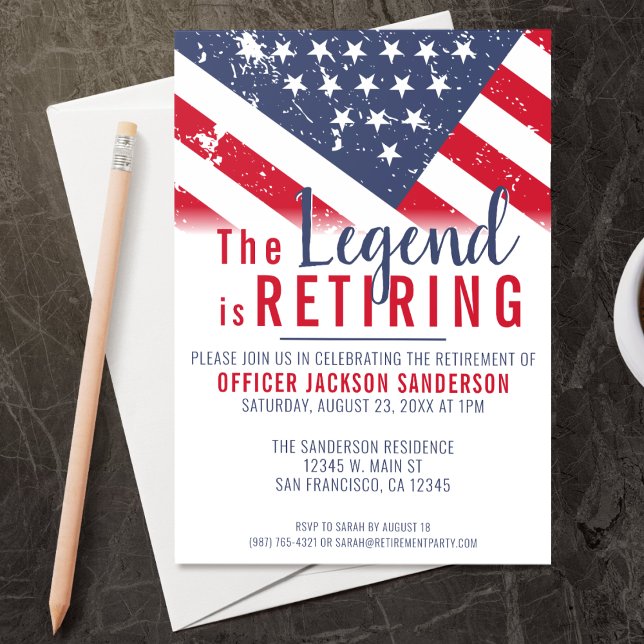 Polizeiretirement Patriotische amerikanische Flagg Einladung (A perfect retirement party invitation for a retiring law enforcement police officer, chief, sheriff!)