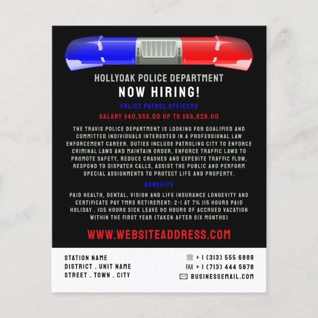 Polizeiwagen Siren, Polizeibeamter Anwerbung Flyer (Vorne)