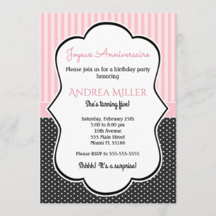 Polka Black White Pink Stripes Invitation d'annive