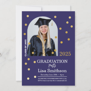 Polka Dot Abschluss Confetti Navy Gold Foto Einladung
