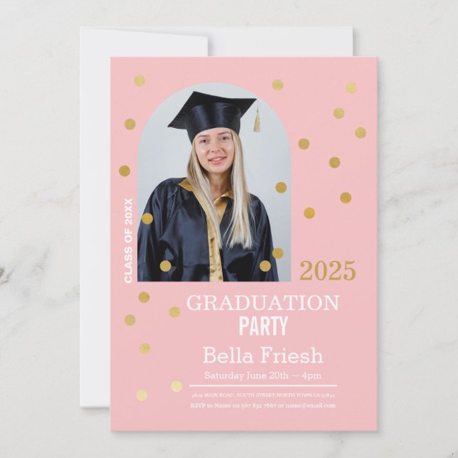 Polka Dot Abschluss Confetti Pink Gold Foto Einladung (Vorderseite)