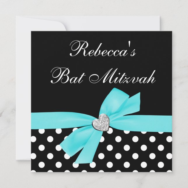 Polka Dot Aquamarin Blue Black Bow Herz Bat Mitzva Einladung (Vorderseite)