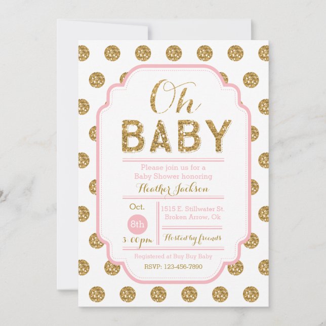 Polka Dot Baby Shower Einladung - Rosa und Gold (Vorderseite)