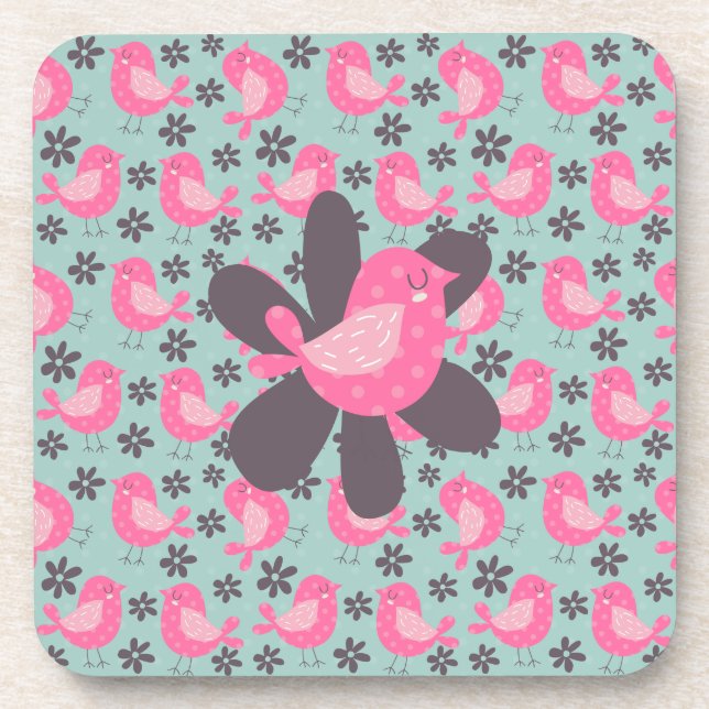 Polka Dot Birds und Blume Getränkeuntersetzer (Vorderseite)