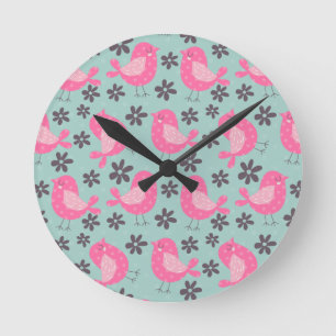 Polka Dot Birds und Blume Runde Wanduhr