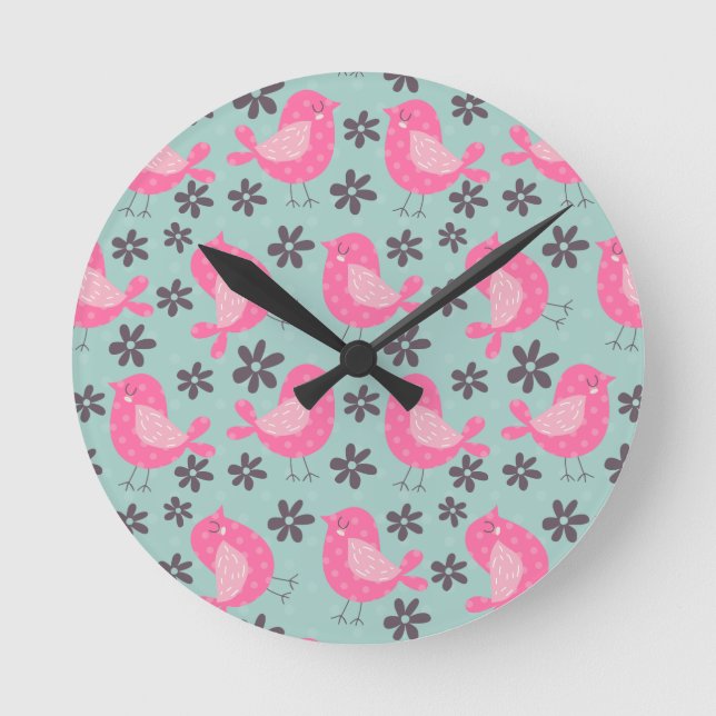 Polka Dot Birds und Blume Runde Wanduhr (Vorderseite)
