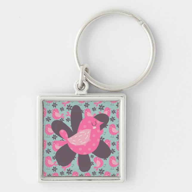 Polka Dot Birds und Blume Schlüsselanhänger (Vorne)