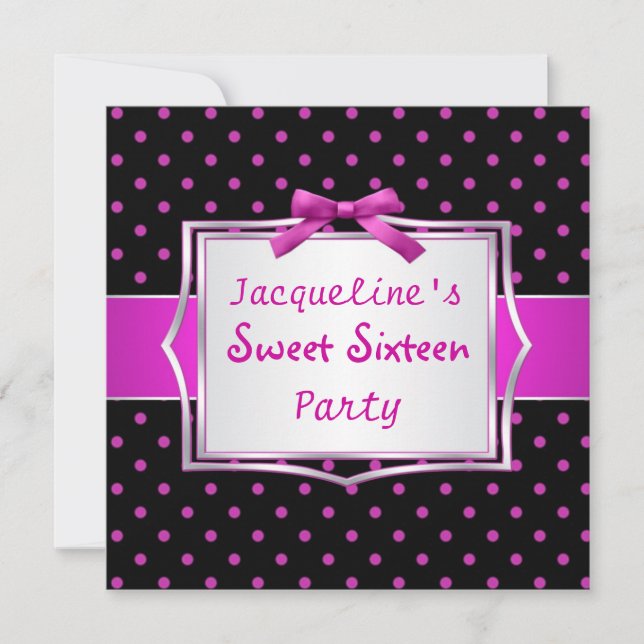 Polka dot black and hot pink Sweet 16 Einladung (Vorderseite)