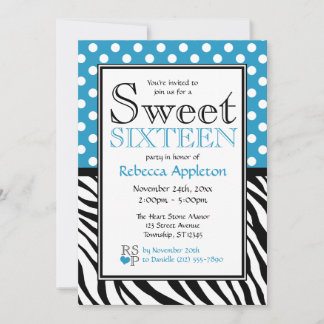 Polka Dot Blue & Zebra Print 16 . Geburtstag Einladung