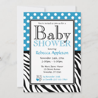 Polka Dot Blue & Zebra Print Baby Dusche Einladung