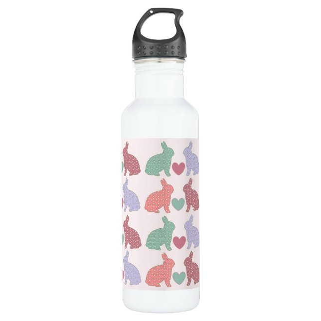 Polka Dot Bunnies und Herz-Muster auf rosa Edelstahlflasche (Vorderseite)