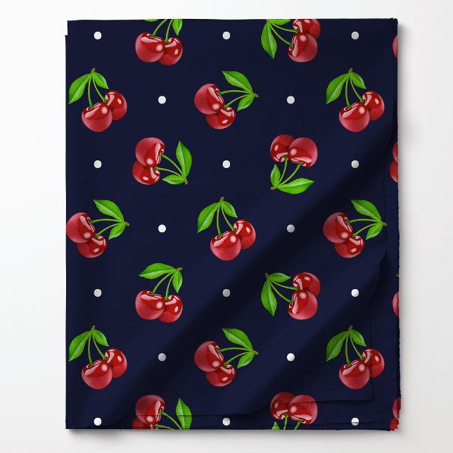Polka Dot Cherries über die Dunkle Marine Stoff (Von Creator hochgeladen)