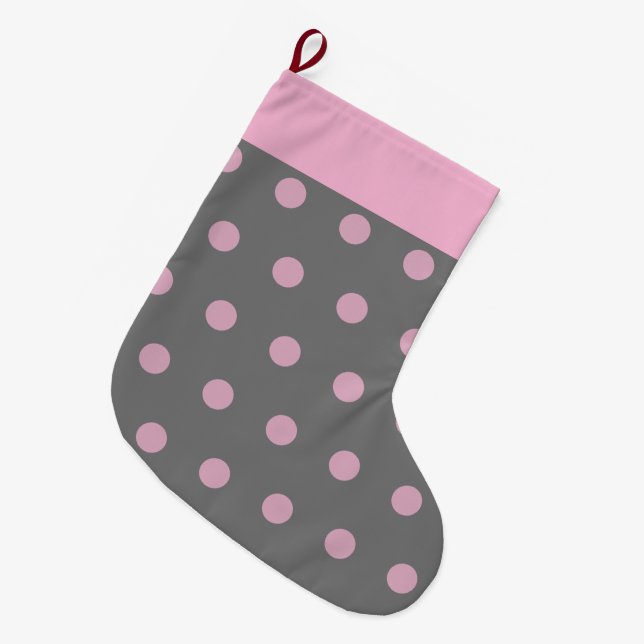 Polka Dot Christmas Strumpf (dunkelgrau & rosa) Großer Weihnachtsstrumpf (Vorderansicht (hängend))