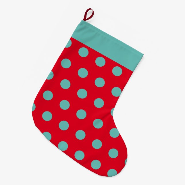 Polka Dot Christmas Strumpf (Red & Aqua) Großer Weihnachtsstrumpf (Vorderansicht (hängend))