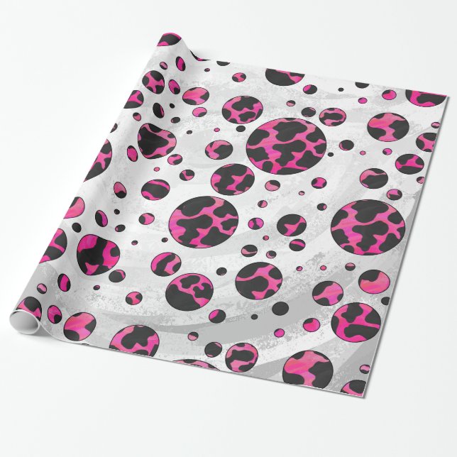 Polka Dot Cow Hot Pink und Black Print Geschenkpapier (Ungerollt)
