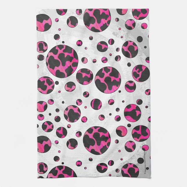 Polka Dot Cow Hot Pink und Black Print Geschirrtuch (Vertikal)
