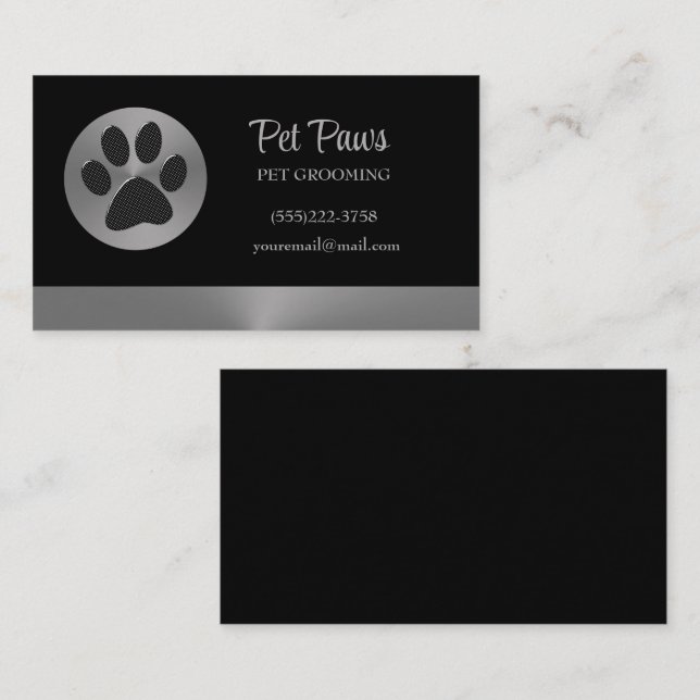 Polka Dot Dog Paw auf Silver Pet Grooming Service Visitenkarte (Vorne/Hinten)