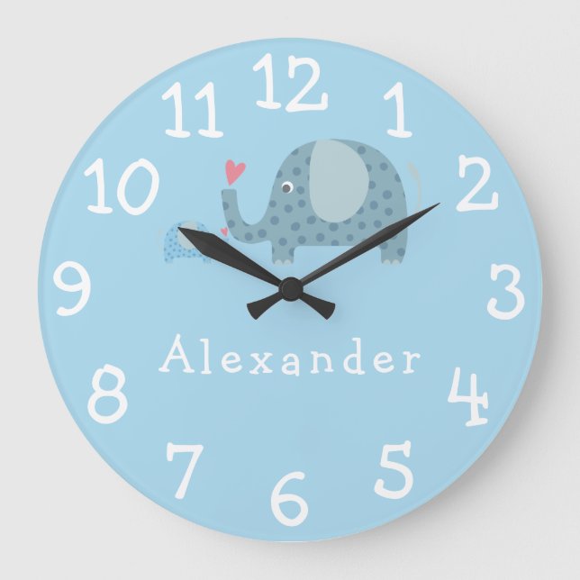 Polka Dot Elefanten Personalisiertes Kinderzimmer Große Wanduhr (Vorderseite)