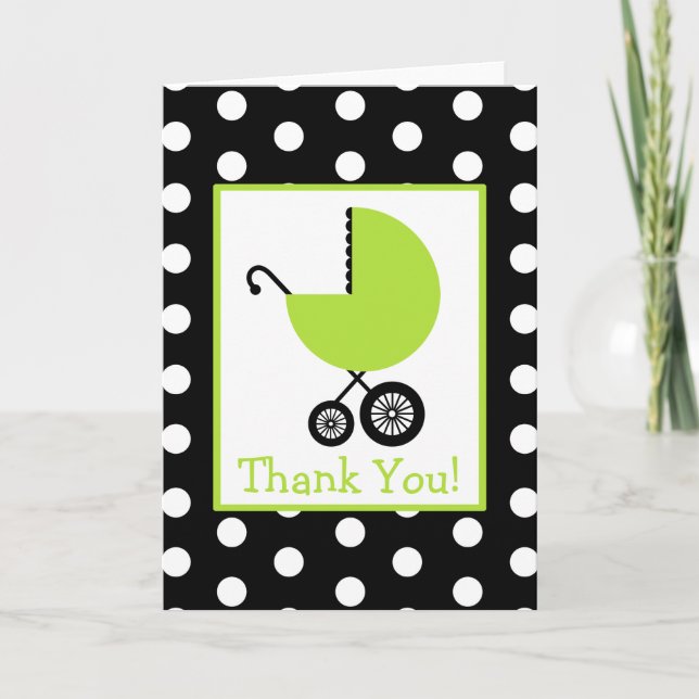 Polka Dot & Green Carriage Baby Dusche Vielen Dank Dankeskarte (Vorderseite)