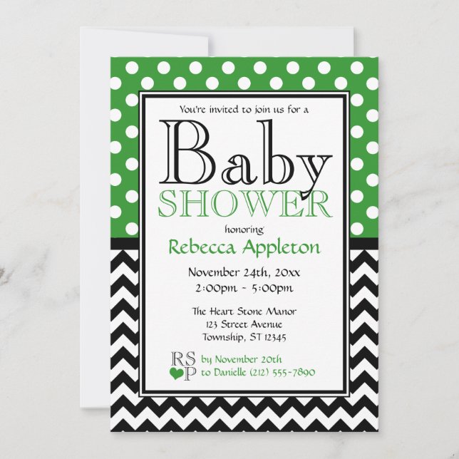 Polka Dot Green & Zickzack Baby Dusche Einladung (Vorderseite)