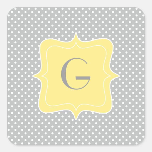 Polka Dot Grey und Yellow Monogram Quadratischer Aufkleber (Vorderseite)