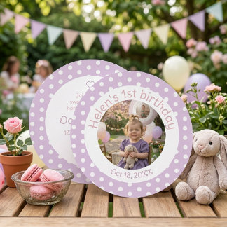 Polka Dot Lavender 1st Birthday Photo Invitation Einladung