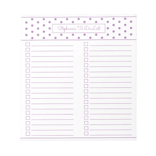 Polka Dot Lavender Two Column Checklist Notizblock (Vorderseite)